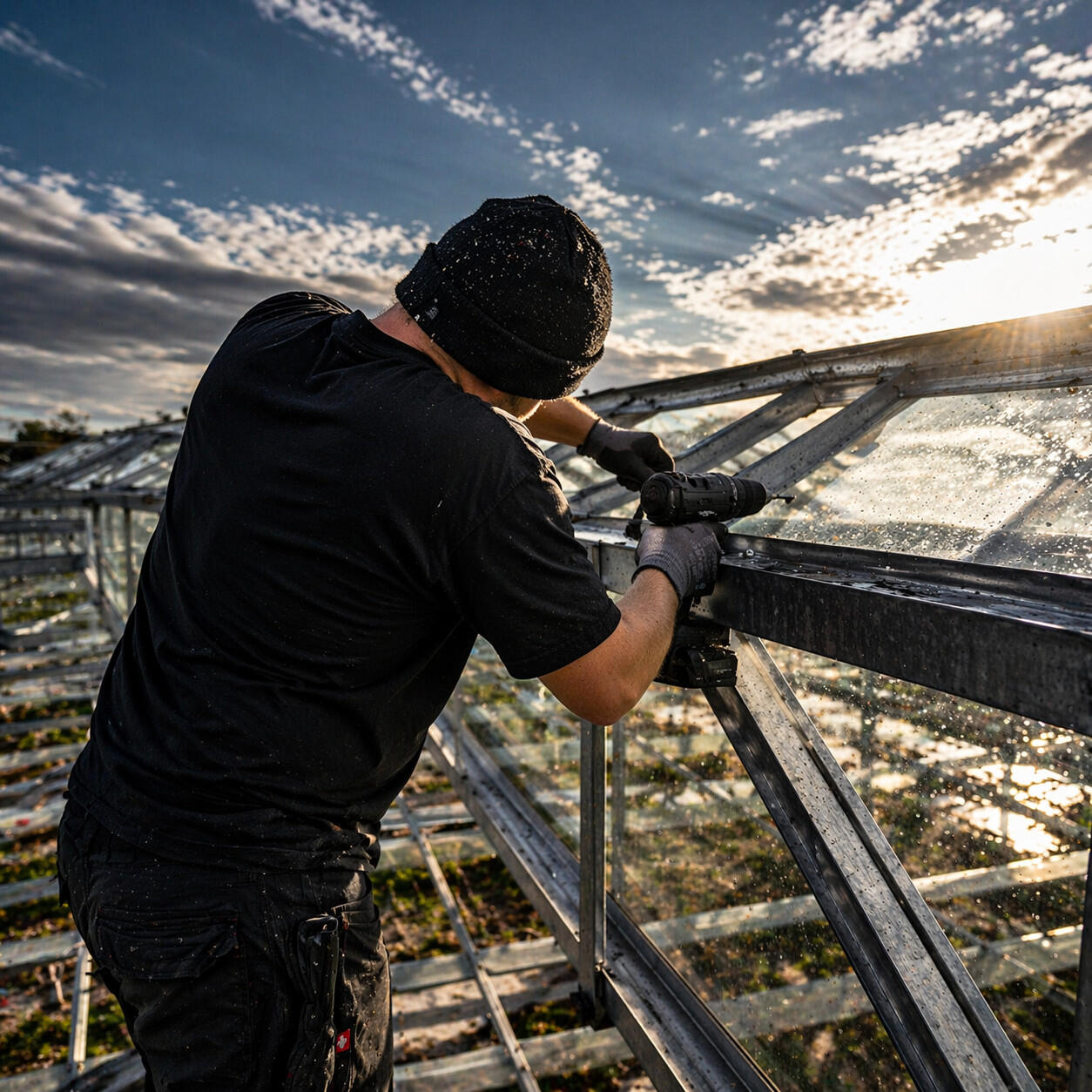 Arbeiter auf Gewächshausdach im Sonnenlicht