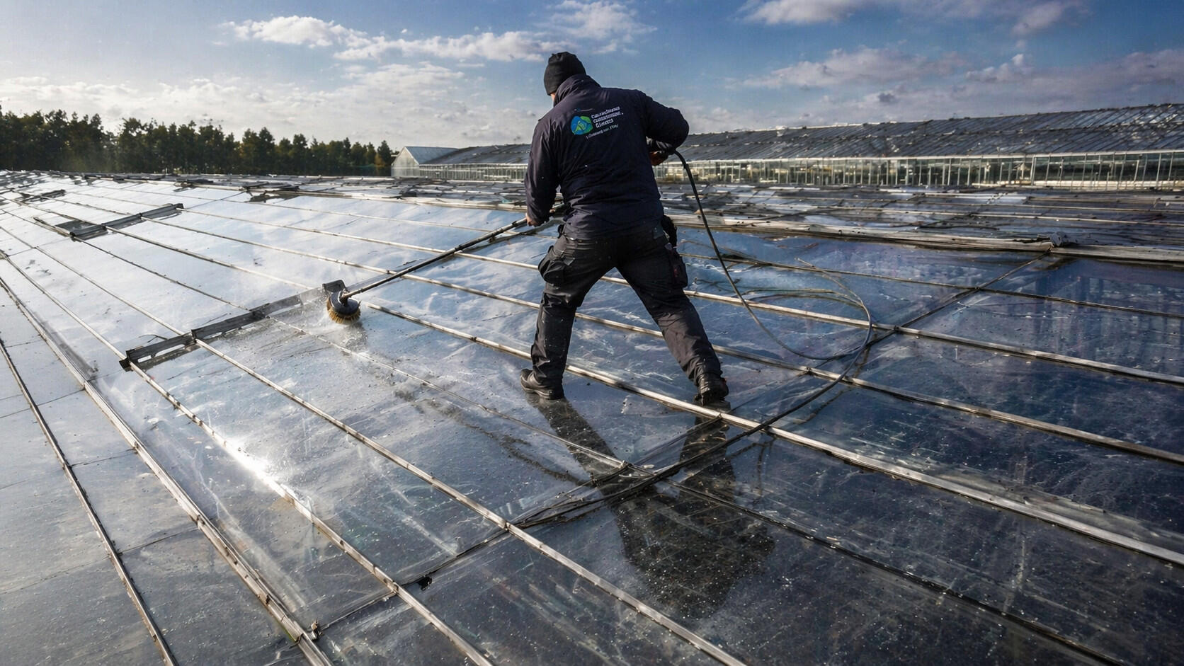 Arbeiter reinigt Gewächshausdach unter blauem Himmel